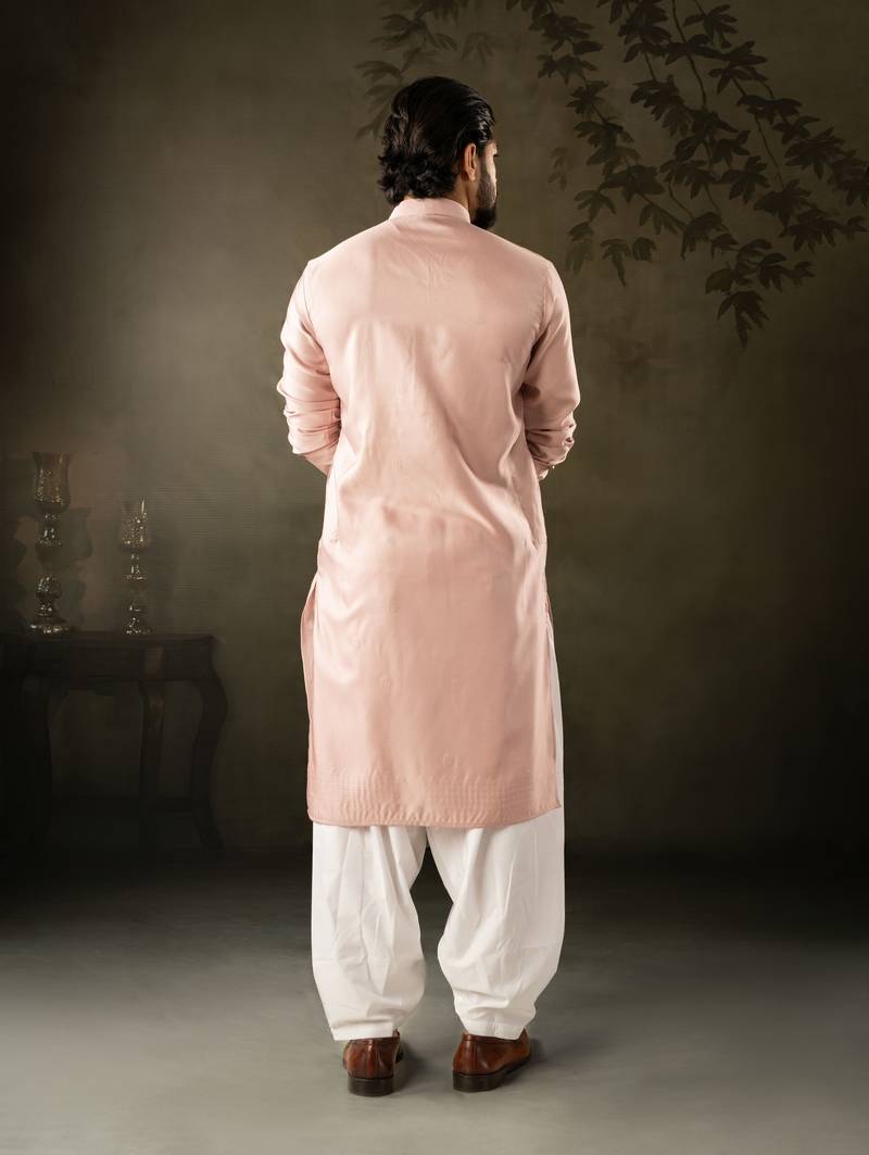 Pink color rayon fabric designer embroidered partywear kurta payjama for men