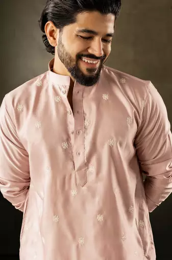 Pink color rayon fabric designer embroidered partywear kurta payjama for men