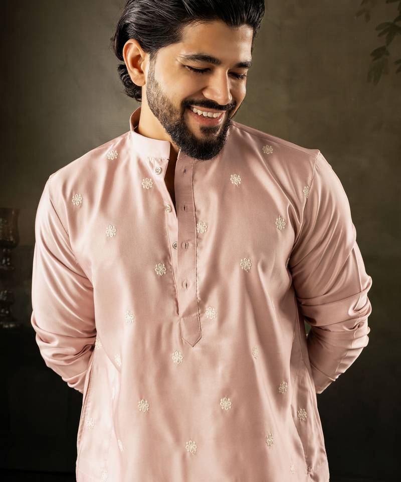 Pink color rayon fabric designer embroidered partywear kurta payjama for men