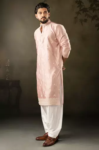Pink color rayon fabric designer embroidered partywear kurta payjama for men