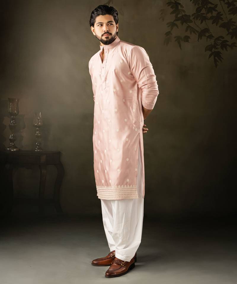 Pink color rayon fabric designer embroidered partywear kurta payjama for men
