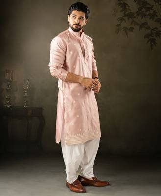 Pink color rayon fabric designer embroidered partywear kurta payjama for men 5