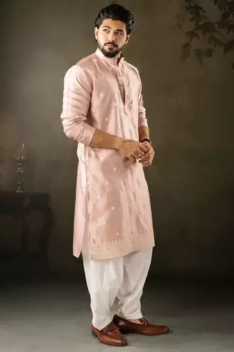 Pink color rayon fabric designer embroidered partywear kurta payjama for men