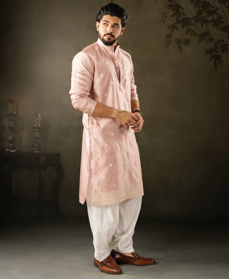 Pink color rayon fabric designer embroidered partywear kurta payjama for men