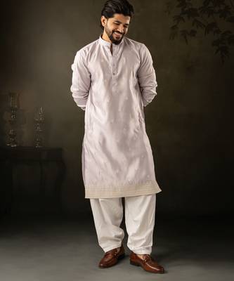 Light purple color rayon fabric designer embroidered partywear kurta payjama for men 1