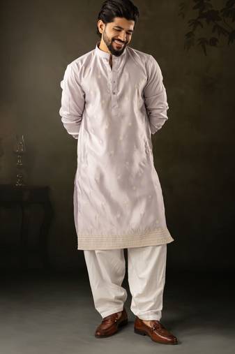 Light purple color rayon fabric designer embroidered partywear kurta payjama for men