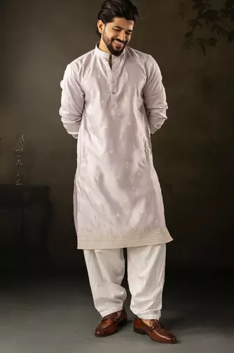 Light purple color rayon fabric designer embroidered partywear kurta payjama for men