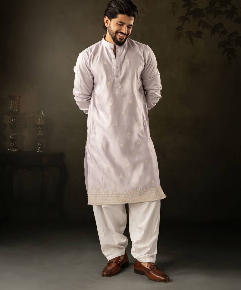 Light purple color rayon fabric designer embroidered partywear kurta payjama for men