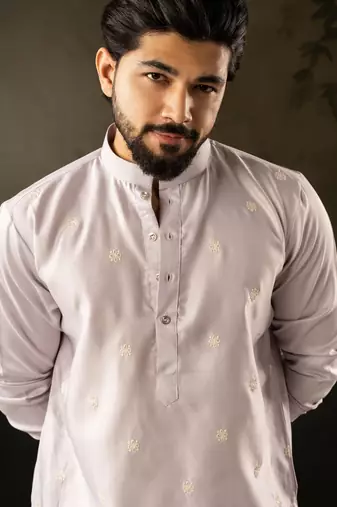 Light purple color rayon fabric designer embroidered partywear kurta payjama for men