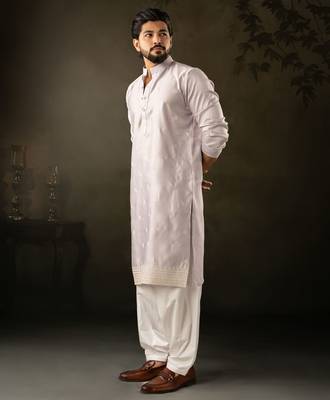 Light purple color rayon fabric designer embroidered partywear kurta payjama for men 4