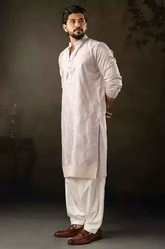 Light purple color rayon fabric designer embroidered partywear kurta payjama for men