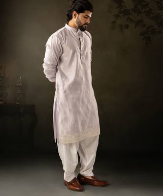 Light purple color rayon fabric designer embroidered partywear kurta payjama for men 5