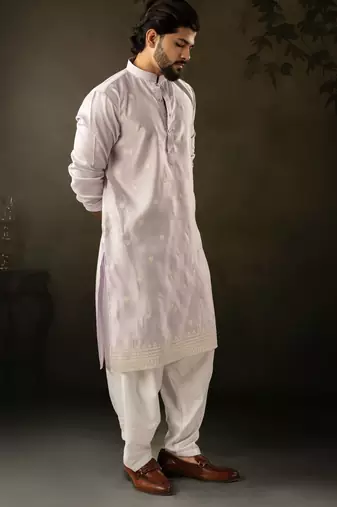 Light purple color rayon fabric designer embroidered partywear kurta payjama for men