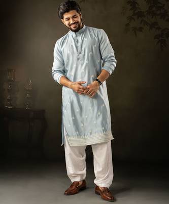 Blue color rayon fabric designer embroidered partywear kurta payjama for men 1