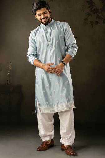 Blue color rayon fabric designer embroidered partywear kurta payjama for men