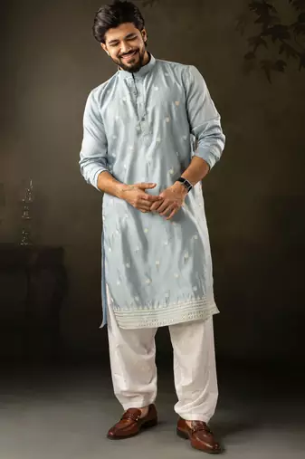 Blue color rayon fabric designer embroidered partywear kurta payjama for men