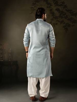 Blue color rayon fabric designer embroidered partywear kurta payjama for men 2