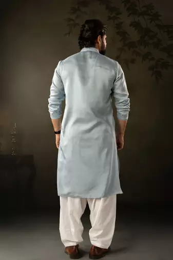 Blue color rayon fabric designer embroidered partywear kurta payjama for men