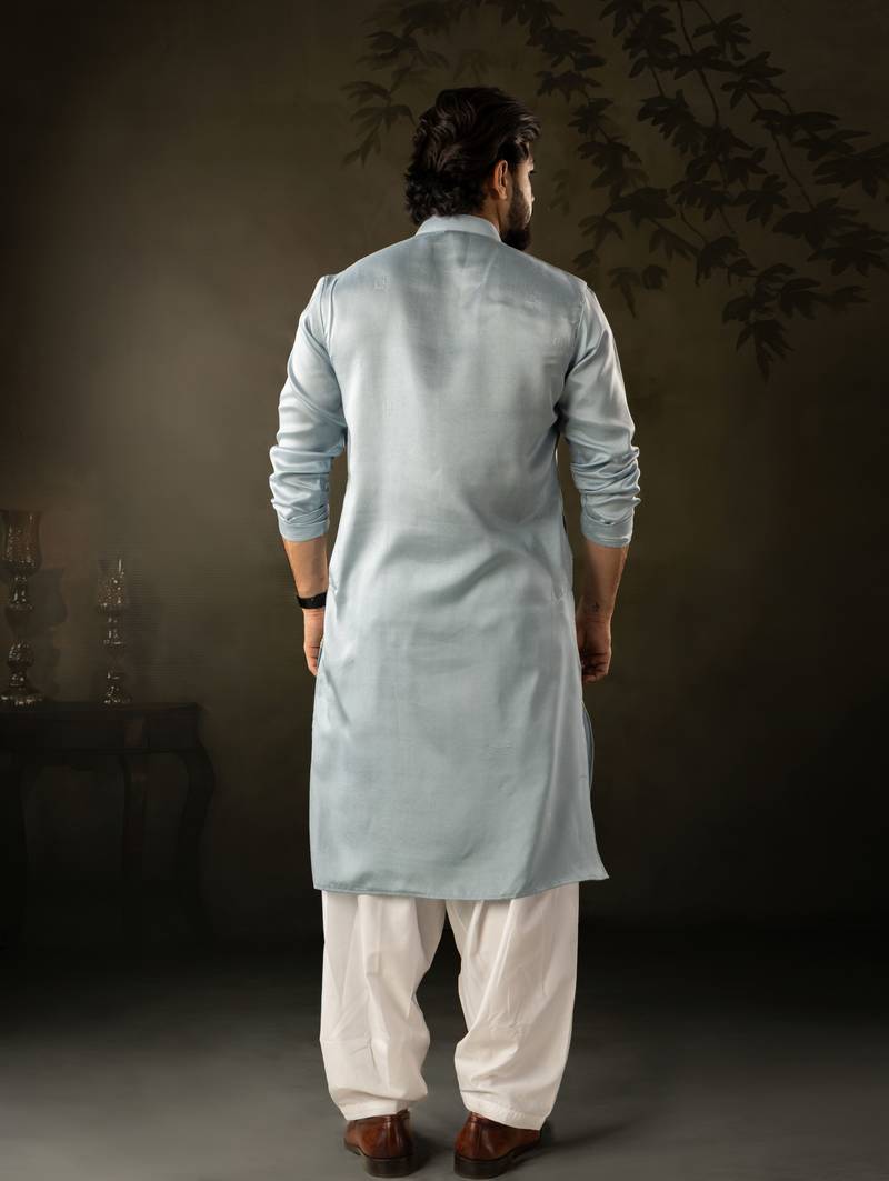 Blue color rayon fabric designer embroidered partywear kurta payjama for men