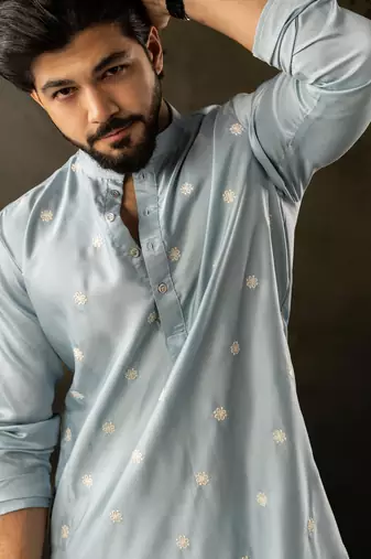 Blue color rayon fabric designer embroidered partywear kurta payjama for men