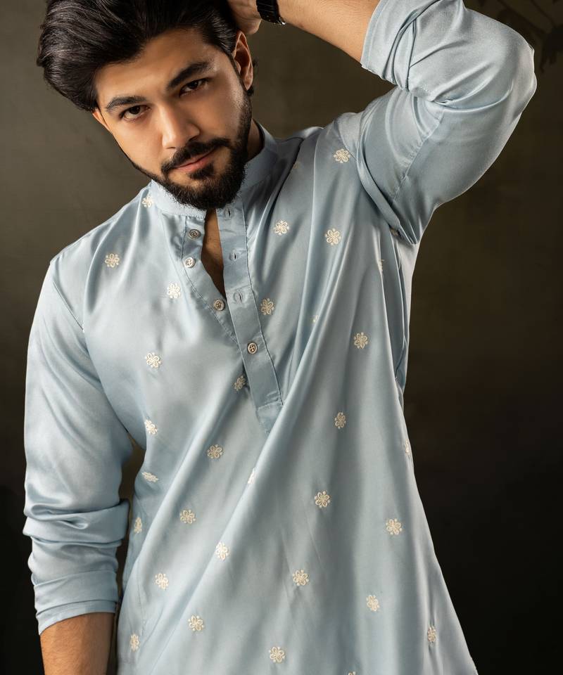 Blue color rayon fabric designer embroidered partywear kurta payjama for men