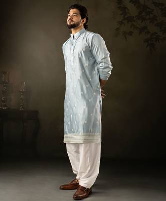 Blue color rayon fabric designer embroidered partywear kurta payjama for men 4