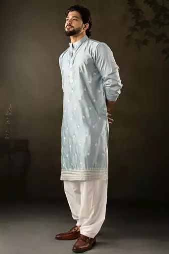 Blue color rayon fabric designer embroidered partywear kurta payjama for men