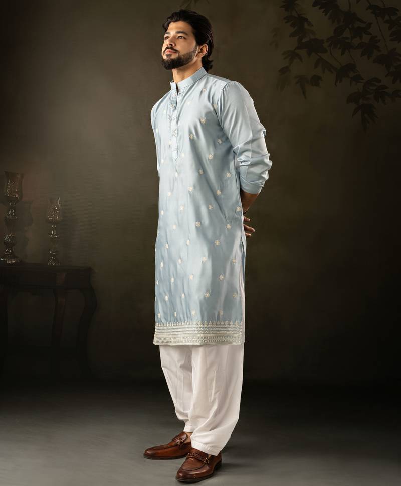 Blue color rayon fabric designer embroidered partywear kurta payjama for men