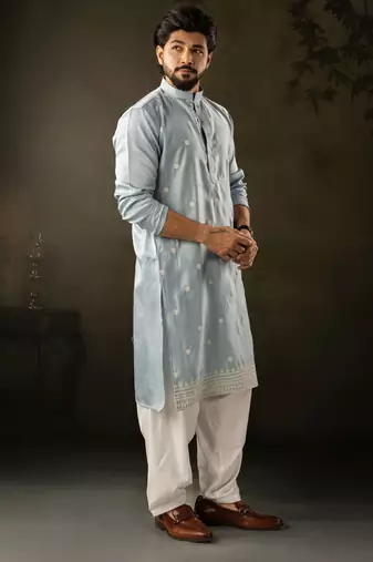 Blue color rayon fabric designer embroidered partywear kurta payjama for men