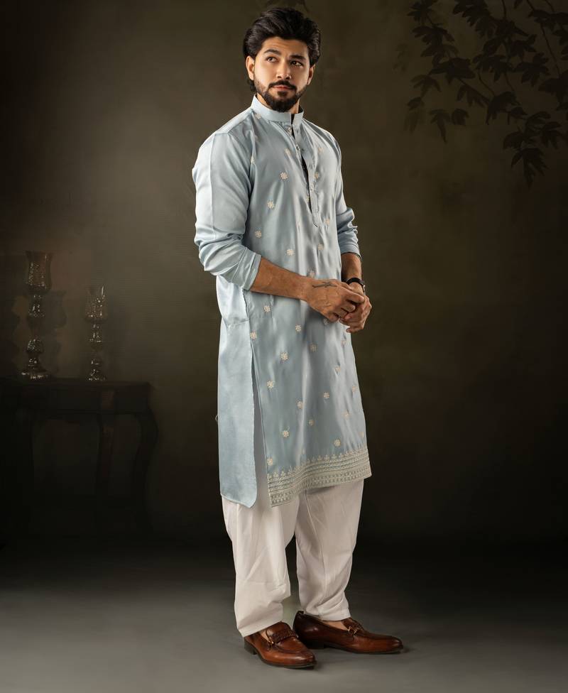 Blue color rayon fabric designer embroidered partywear kurta payjama for men