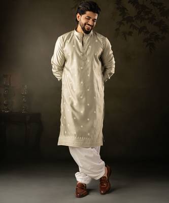 Green color rayon fabric designer embroidered partywear kurta payjama for men 1