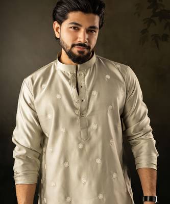Green color rayon fabric designer embroidered partywear kurta payjama for men 3