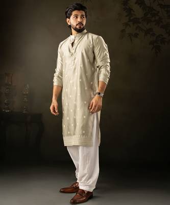 Green color rayon fabric designer embroidered partywear kurta payjama for men 4