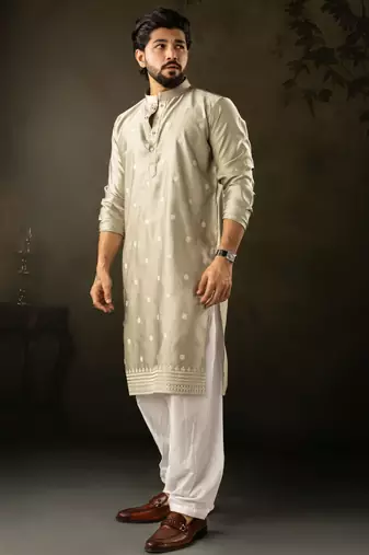 Green color rayon fabric designer embroidered partywear kurta payjama for men