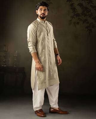 Green color rayon fabric designer embroidered partywear kurta payjama for men 5