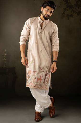 Off white color rayon fabric designer embroidered partywear kurta payjama for men