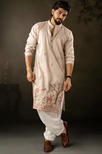 Off white color rayon fabric designer embroidered partywear kurta payjama for men