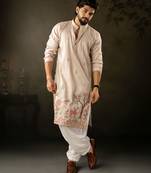 Off white color rayon fabric designer embroidered partywear kurta payjama for men
