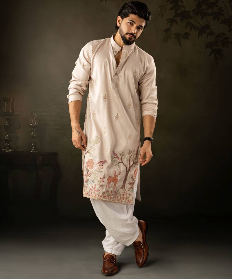Off white color rayon fabric designer embroidered partywear kurta payjama for men