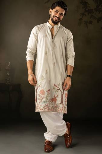 Light green color rayon fabric designer embroidered partywear kurta payjama for men