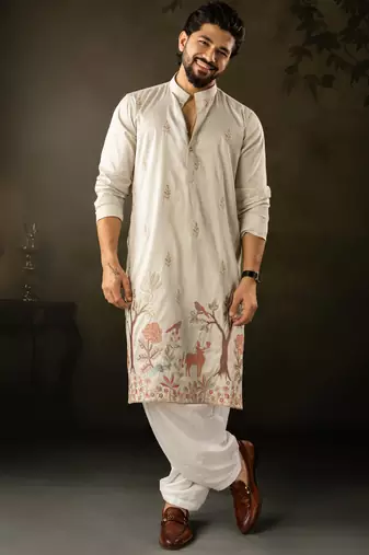 Light green color rayon fabric designer embroidered partywear kurta payjama for men