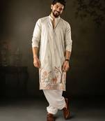 Light green color rayon fabric designer embroidered partywear kurta payjama for men