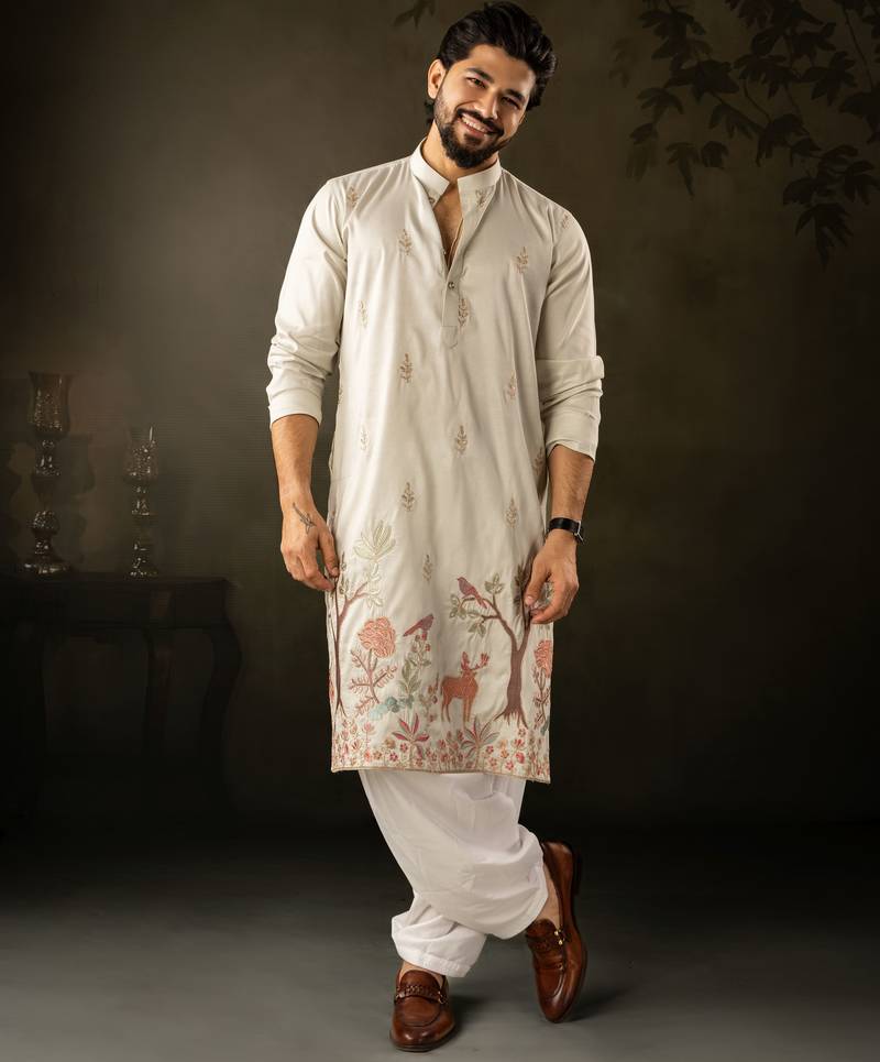 Light green color rayon fabric designer embroidered partywear kurta payjama for men