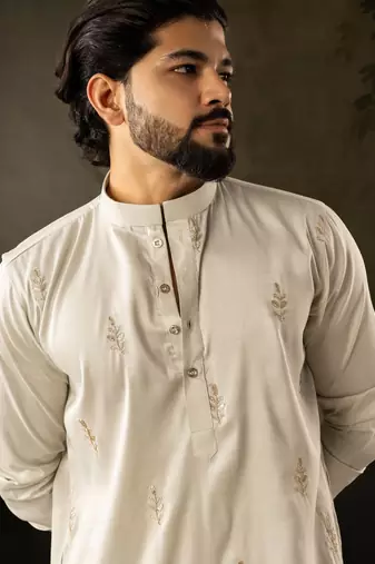 Light green color rayon fabric designer embroidered partywear kurta payjama for men