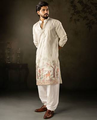 Light green color rayon fabric designer embroidered partywear kurta payjama for men 4