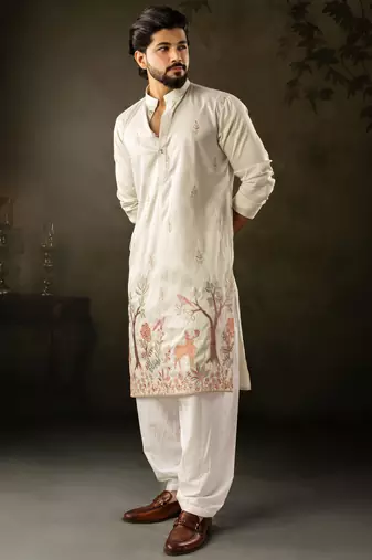 Light green color rayon fabric designer embroidered partywear kurta payjama for men