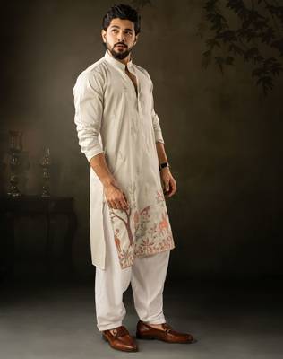 Light green color rayon fabric designer embroidered partywear kurta payjama for men 5