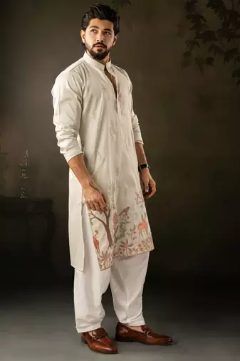 Light green color rayon fabric designer embroidered partywear kurta payjama for men