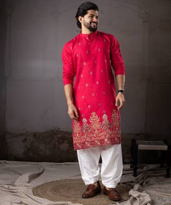 Cherry red color rayon fabric designer embroidered partywear kurta payjama for men 1