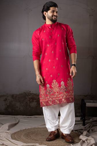 Cherry red color rayon fabric designer embroidered partywear kurta payjama for men